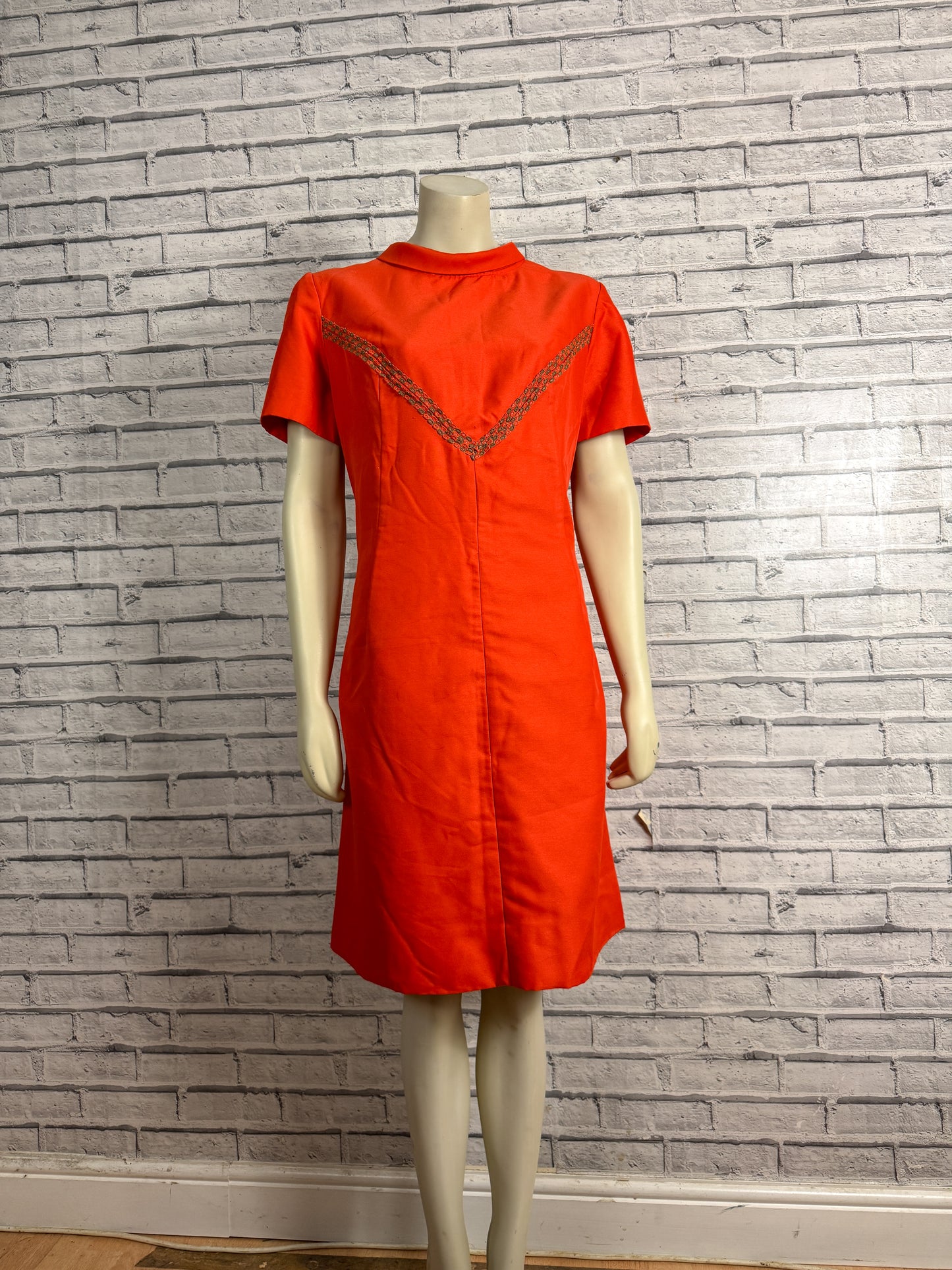 Vintage 1960s Orange Retro Gogo Mod High Neck Shift A-Line Dress 14/16/18