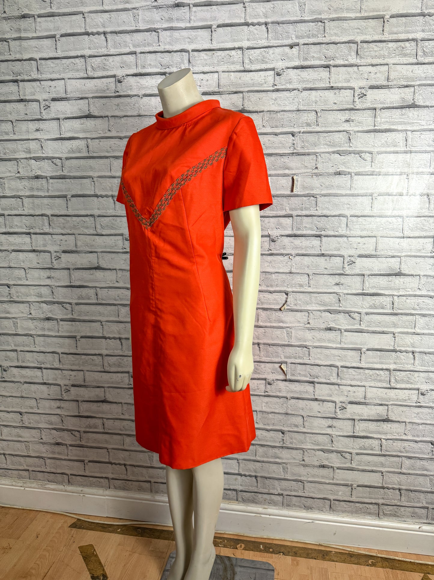 Vintage 1960s Orange Retro Gogo Mod High Neck Shift A-Line Dress 14/16/18
