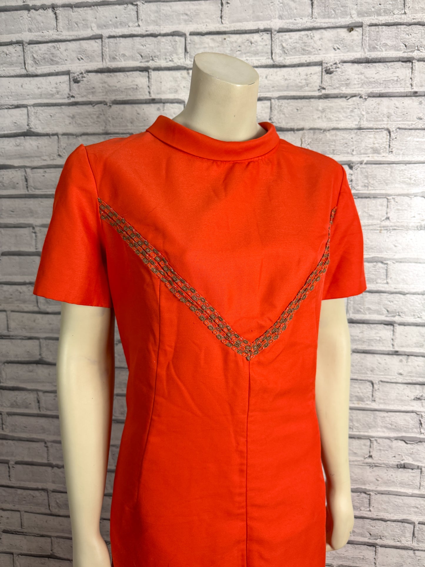 Vintage 1960s Orange Retro Gogo Mod High Neck Shift A-Line Dress 14/16/18