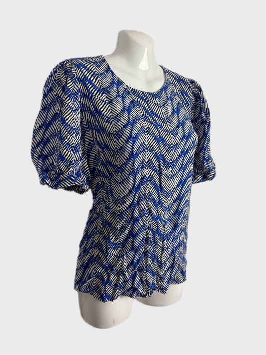 M&S Marks and Spencer Blue Pattern Short Sleeved Blouse Top - 14