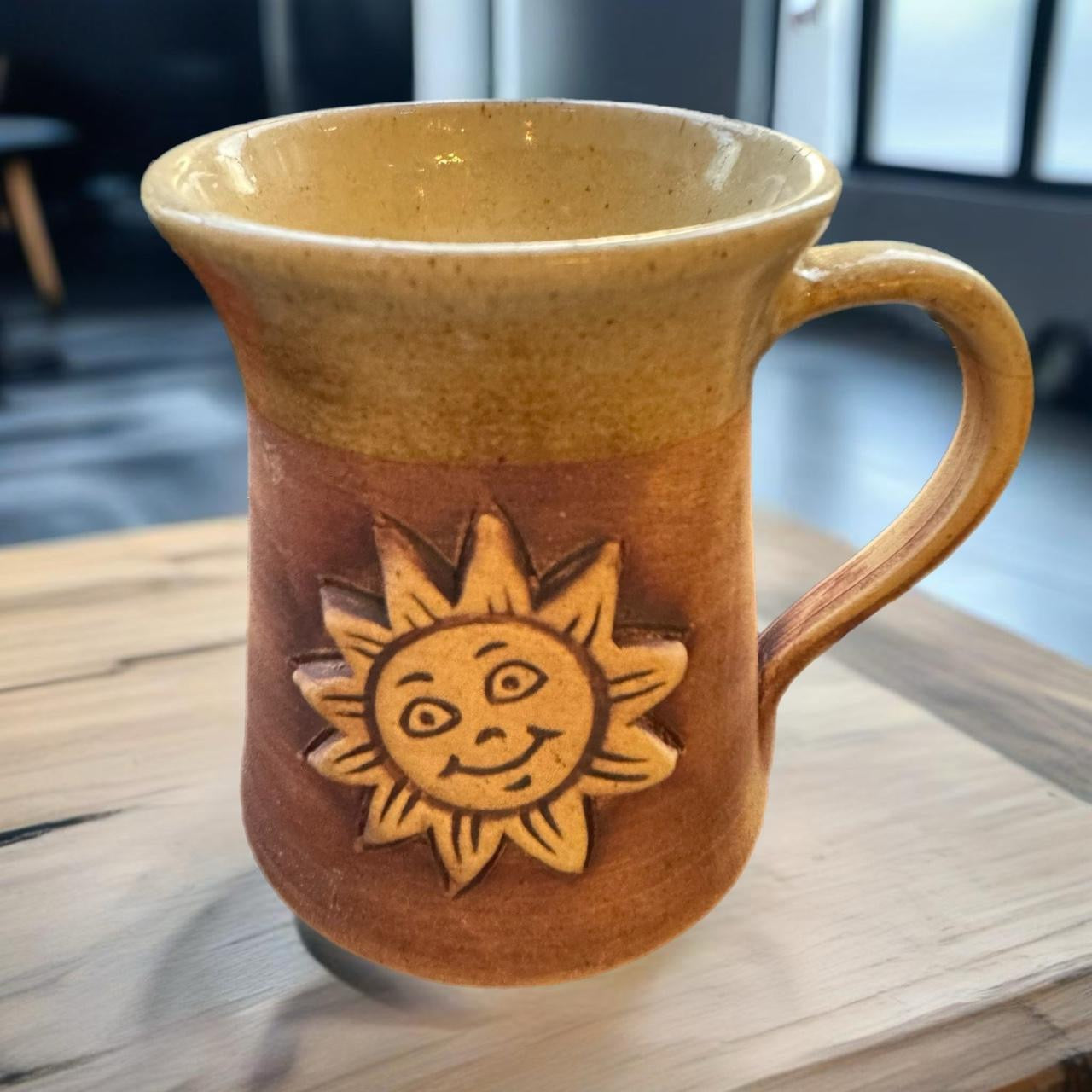 Vintage Stoneware Studio Pottery Sun Face Celestial Boho Cups Mugs x 2