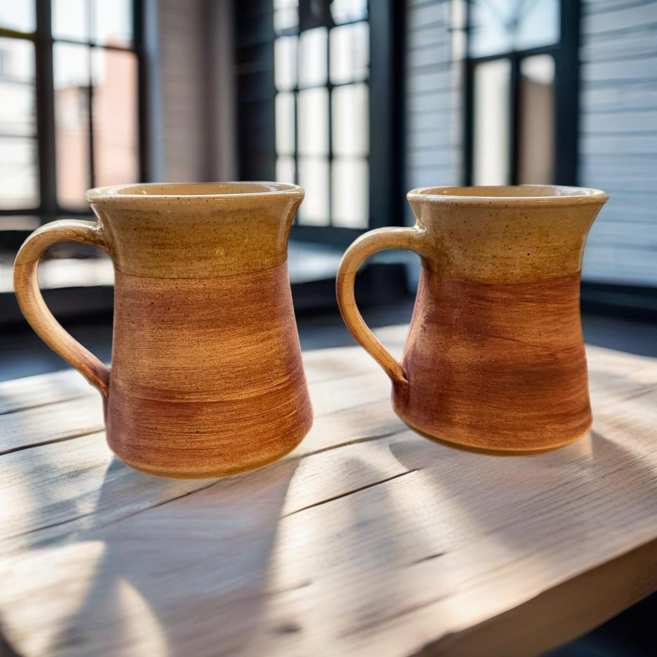 Vintage Stoneware Studio Pottery Sun Face Celestial Boho Cups Mugs x 2