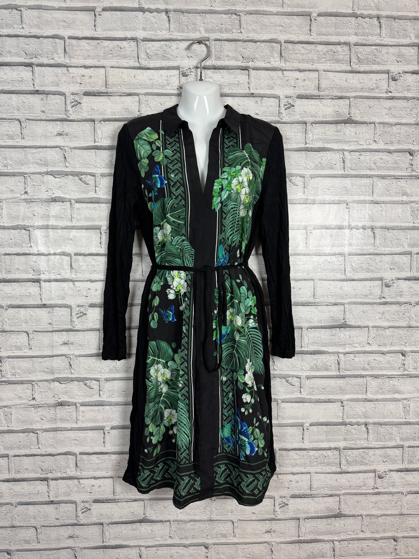 Oasis Botanical Plant Print Black Slinky Shirt Dress M