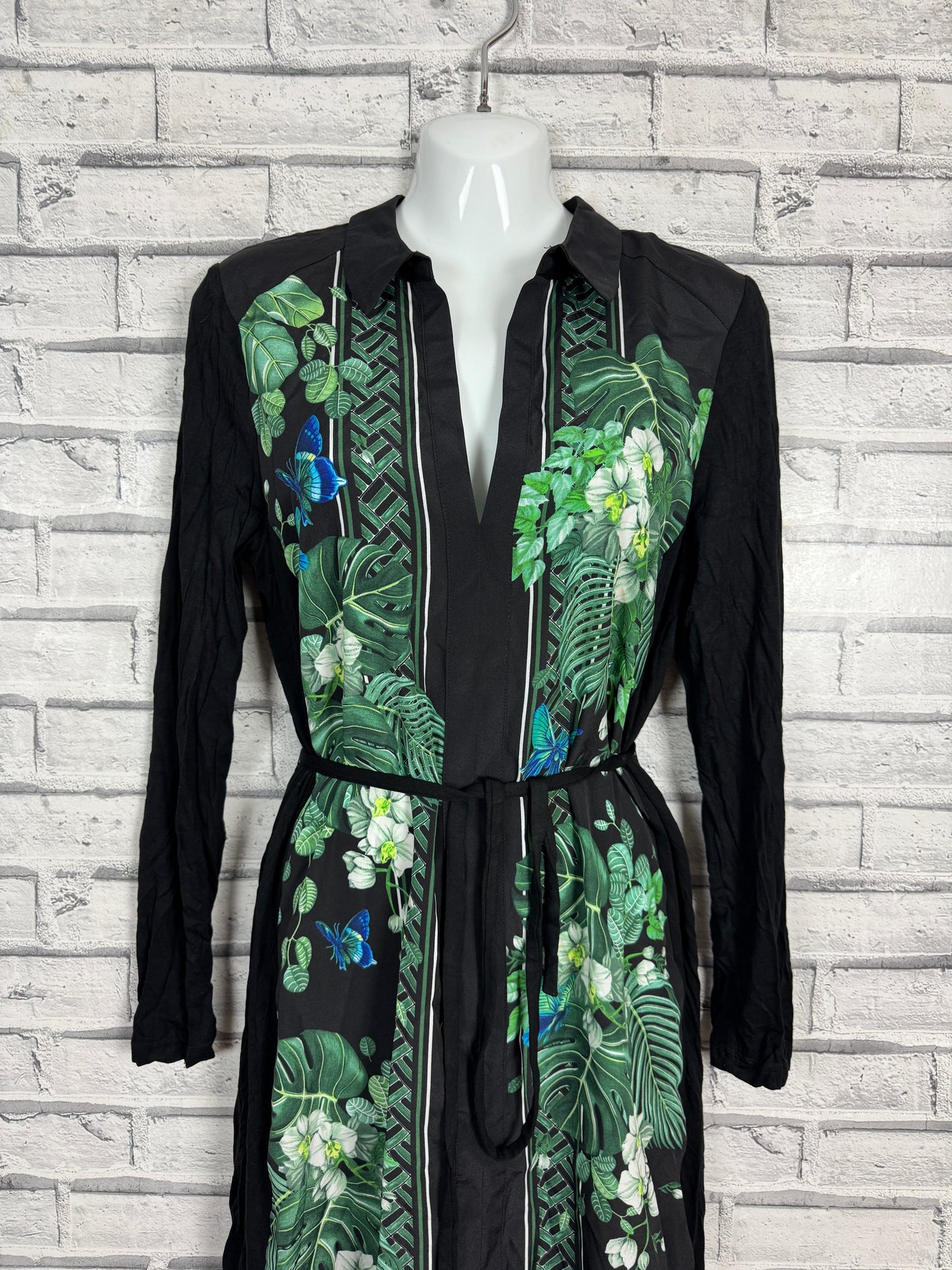 Oasis Botanical Plant Print Black Slinky Shirt Dress M
