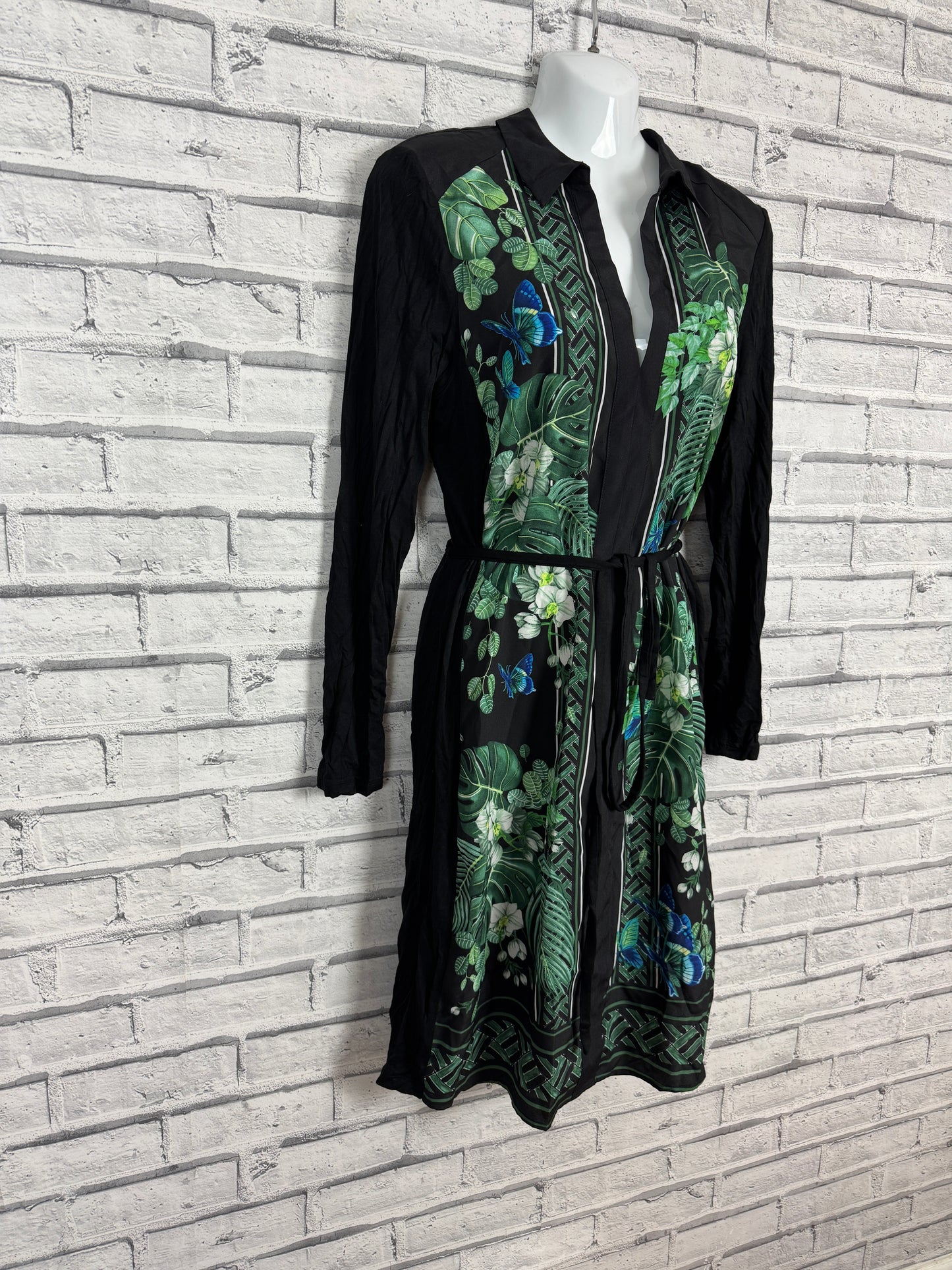 Oasis Botanical Plant Print Black Slinky Shirt Dress M