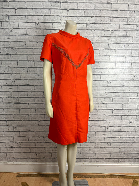 Vintage 1960s Orange Retro Gogo Mod High Neck Shift A-Line Dress 14/16/18