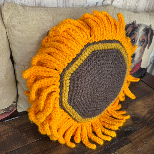 Handmade Crochet Knit Large Sunflower Cushion