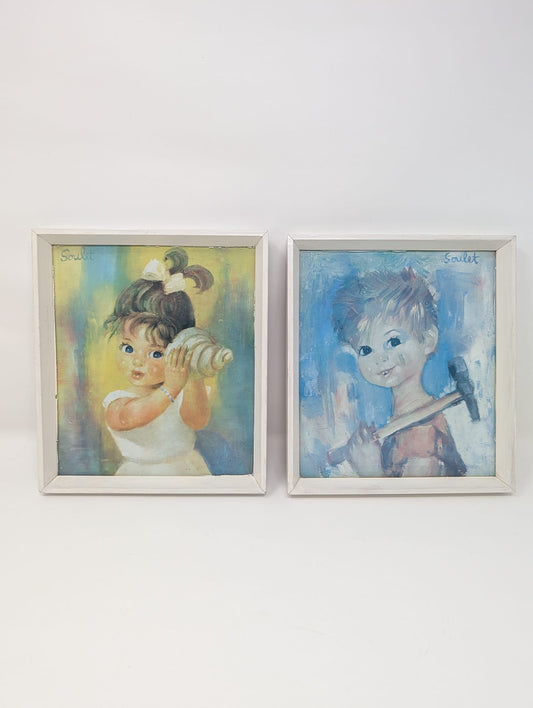 2 x Soulet Mid Century Vintage 1960s Whimsical Child Prints Framed Ginger Listen