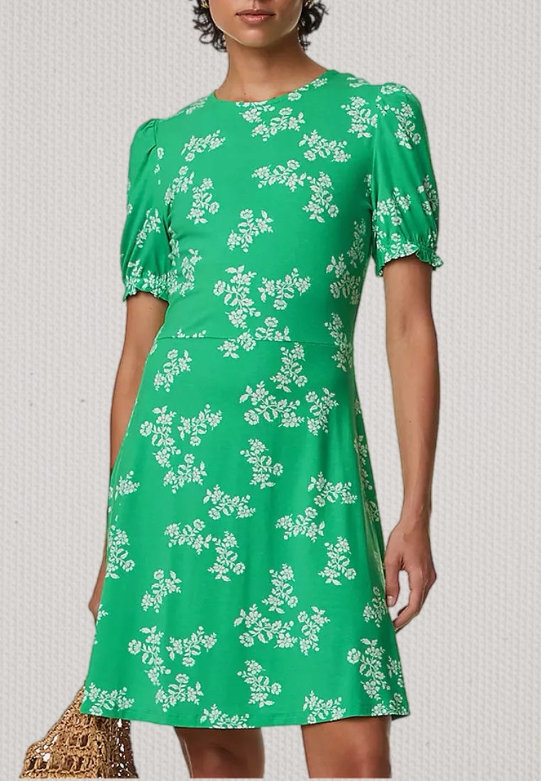 Marks and Spencer M&S Green Jersey Whimsical Floral Print Day Dress - Size 14