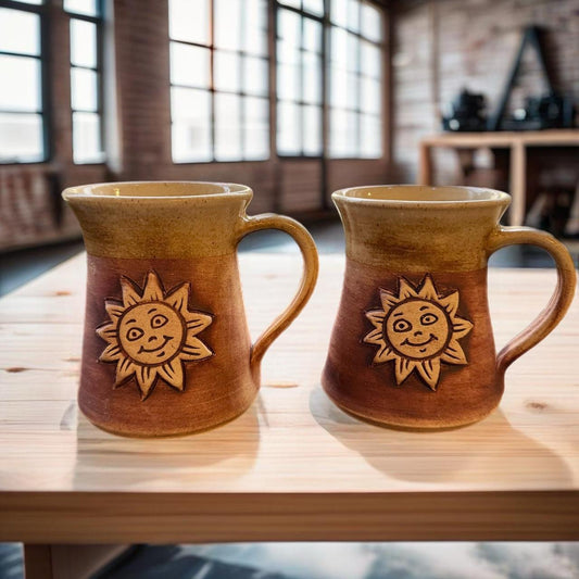 Vintage Stoneware Studio Pottery Sun Face Celestial Boho Cups Mugs x 2