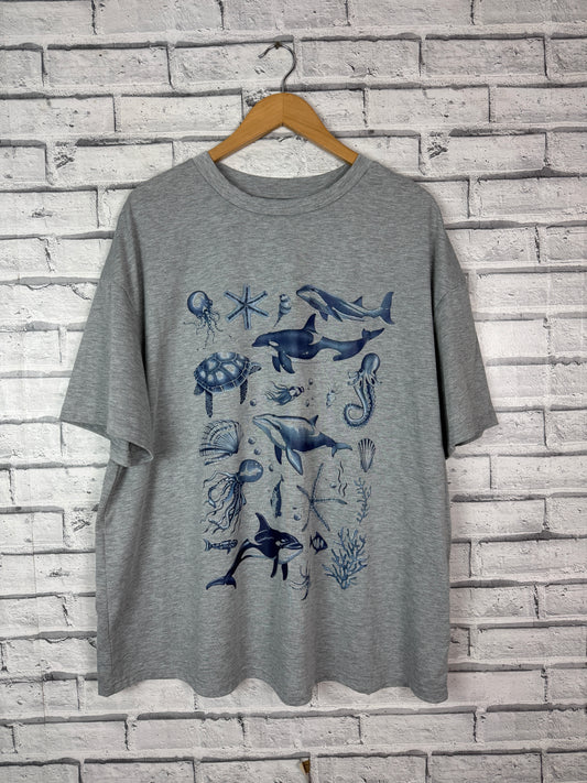 Vintage Vibes Grey Unisex Sealife Marine Fish Whale Graphic Print T-Shirt XXL