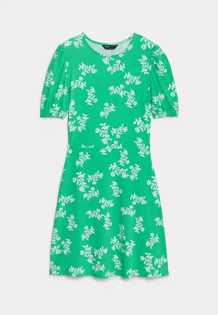 Marks and Spencer M&S Green Jersey Whimsical Floral Print Day Dress - Size 14