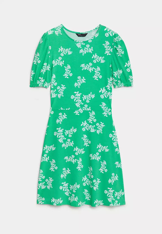 Marks and Spencer M&S Green Jersey Whimsical Floral Print Day Dress - Size 14
