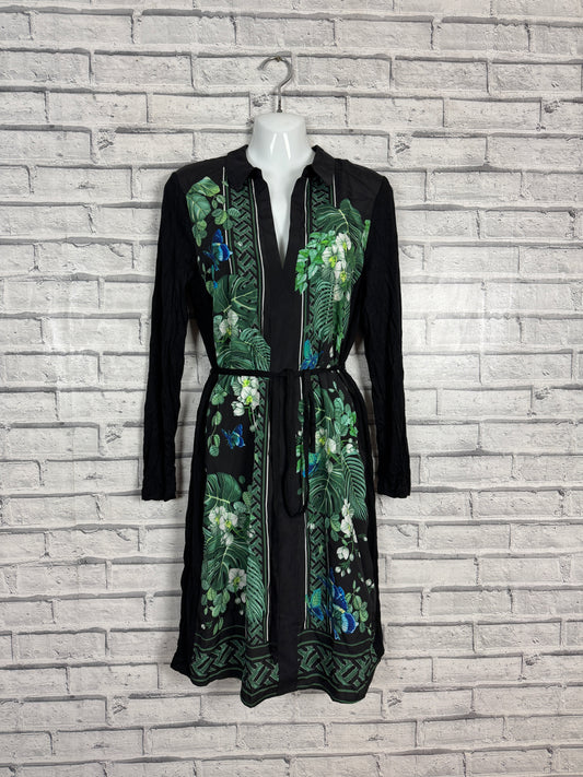 Oasis Botanical Plant Print Black Slinky Shirt Dress M