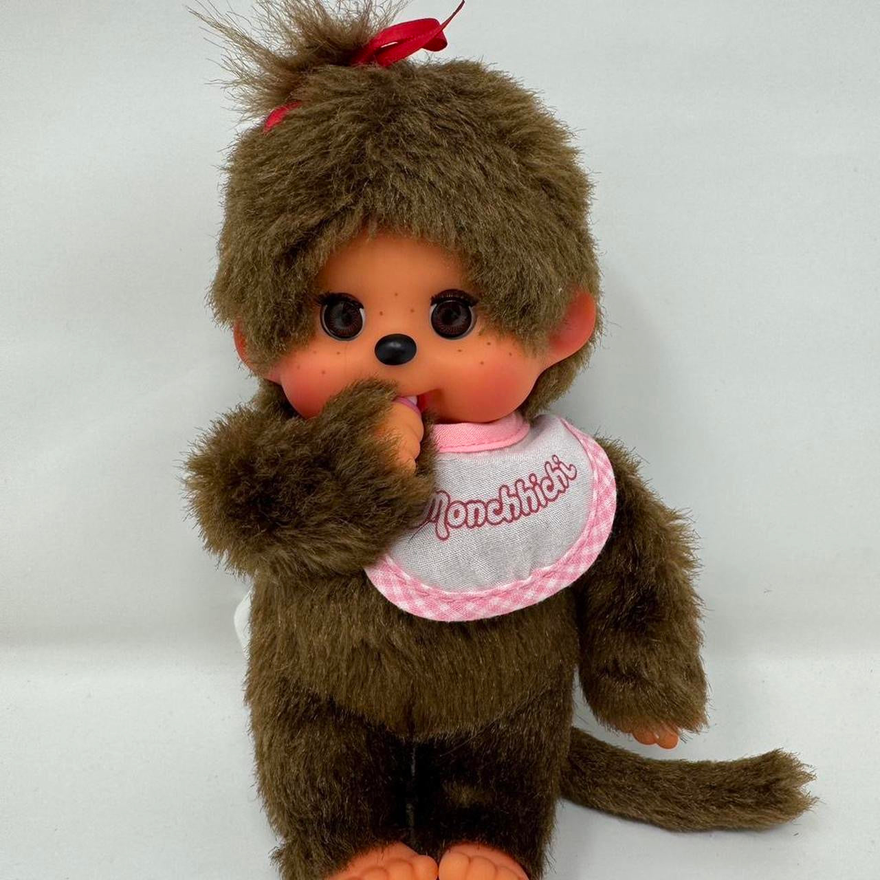 Monchhichi Plush Doll Classic Girl 7” Brown Pink Bib Collectable Kawaii Cute