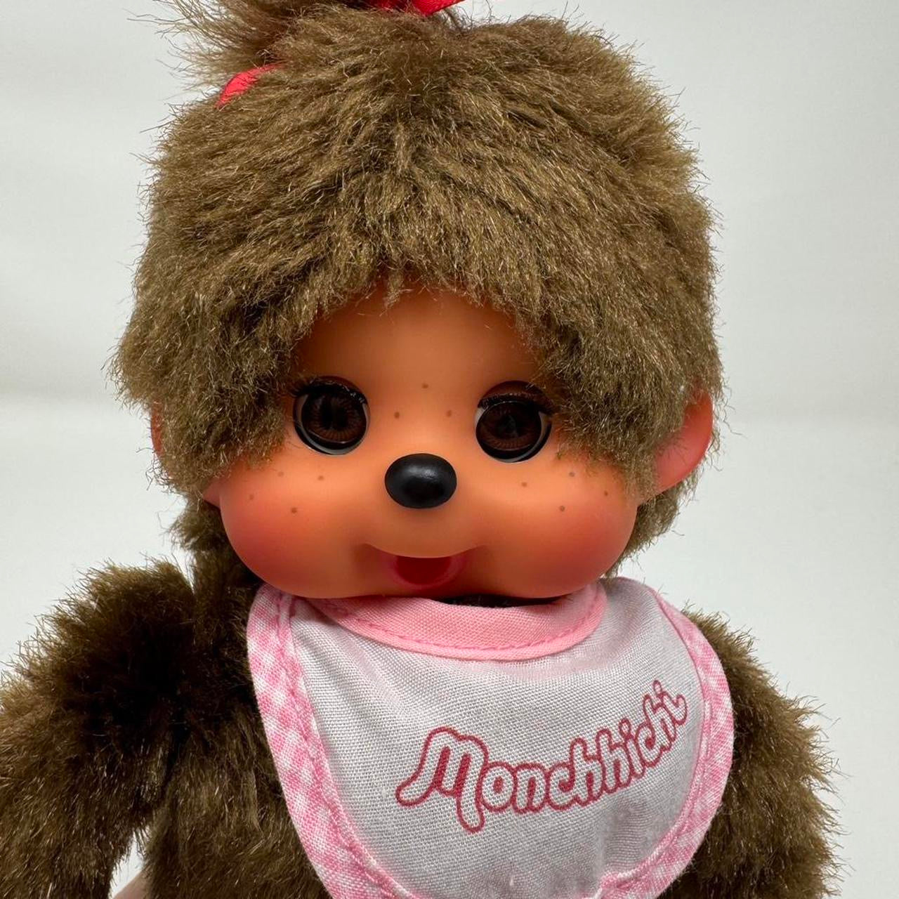 Monchhichi Plush Doll Classic Girl 7” Brown Pink Bib Collectable Kawaii Cute