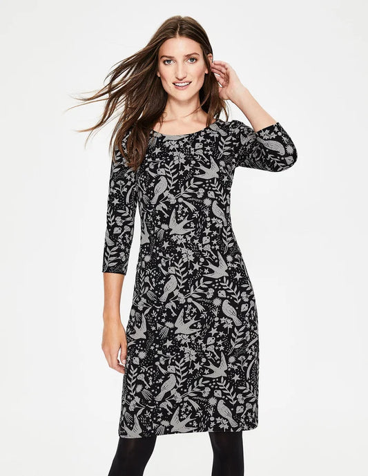 Boden Winifred Black Jersey Mystical Woodland Print Dress - Size 12