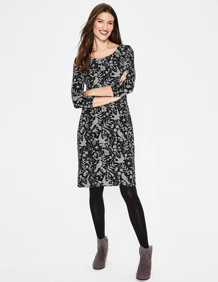 Boden Winifred Black Jersey Mystical Woodland Print Dress - Size 12